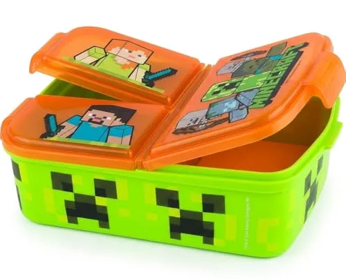 p:os Minecraft Brotdose für Kinder - 3 Fächer Lunchbox mit Clip-Verschlüssen, bruchsicher und ideal für Kindergarten und Schule