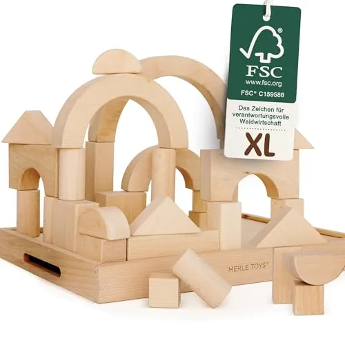 Merle Toys® Premium Holzbausteine Natur - 30er Set - Bauklötze & Bausteine aus 100% FSC-zertifiziertem Buchenholz, ideal für kreative Bauprojekte und die Förderung von Feinmotorik bei Kindern ab 2 Jahren.