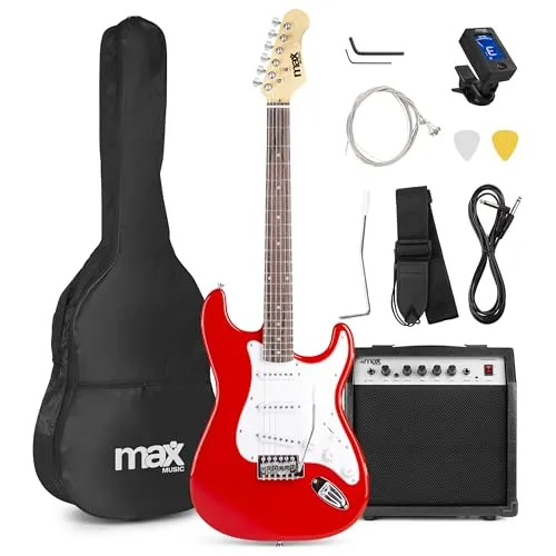 Max Gigkit E Gitarre Set, E Guitar, Elektrogitarre mit Verstärker 40 Watt, Gitarrentasche, Plektrum, Gurt, Stimmgerät, Instrumentenkabel, Ersatzsaiten, 4/4 Electric Guitar, E Gitarren Set in Rot