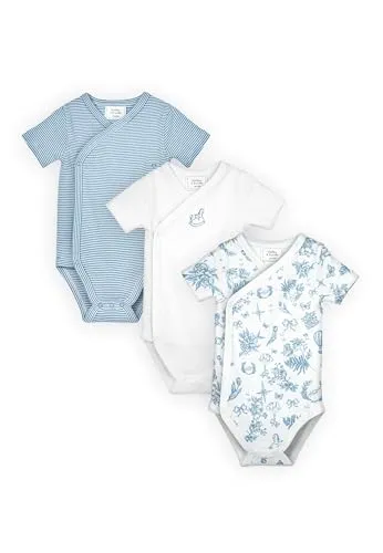 Stellou & friends Baby Body, 100% Bio-Baumwoll Wickelbody 3er MultiSet, kuschelweiche und hochwertige Kinder Kleidung für Jungs und Mädchen, Kurzarm -body,french-toile-baby-blue-62/68