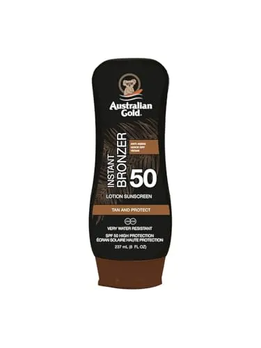 Australian Gold Instant Bronzer Lotion Sunscreen SPF 50 - 237 ml - Sonnenschutzmittel mit sofortigem Bräunungseffekt und hohem Lichtschutzfaktor, ideal für einen sonnenverwöhnten Teint und optimalen Schutz.