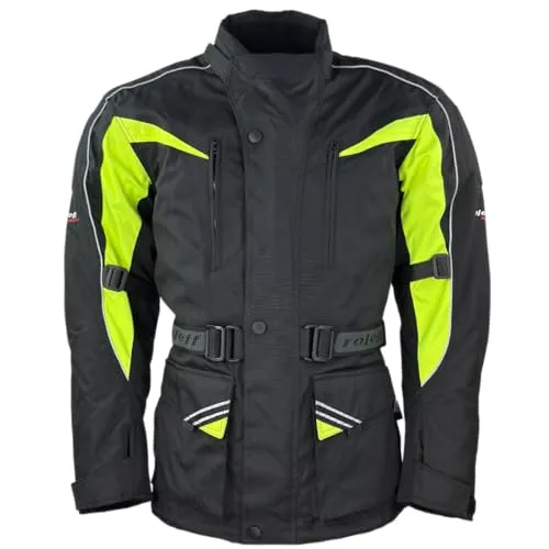 Roleff Motorradjacke RO10005 – Schwarz/Neongelb – Wasserdicht, Atmungsaktiv, Sicherheitsprotektoren – Größe S–7XL – Ideal für Touring & Alltag.