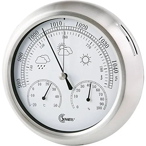 SUNARTIS Analoge Wetterstation - Wetterfest & Präzise - Hochwertige analoge Wetterstation mit Thermometer, Barometer und Hygrometer. Ideal für Innen- und Außenbereiche, misst Temperaturen von -20°C bis +50°C. Stilvolles Design aus rostfreiem Edelstahl für langlebige Nutzung.
