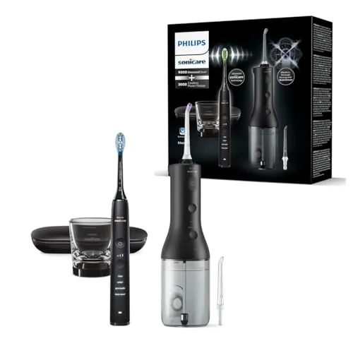 Philips HX3886/43 DiamondClean 9000 + Cordless Power Flosser 3000 Doppelpack - Mundduschen-Set mit innovativer Schalltechnologie, Andruckkontrolle und App-Steuerung für optimale Mundhygiene. Ideal für ein strahlendes Lächeln.
