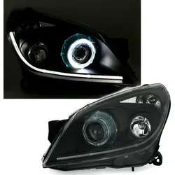 SCHEINWERFER SET in SCHWARZ für OPEL ASTRA H - Halogen EAGLE EYES H9 - Frontscheinwerfer Set in Schwarz für Opel Astra H, mit Angel Eye Ring und Lichtbalken. Ideal für Fahrzeuge ohne Xenon, einfach zu installieren und eintragungsfrei mit E-Prüfzeichen.