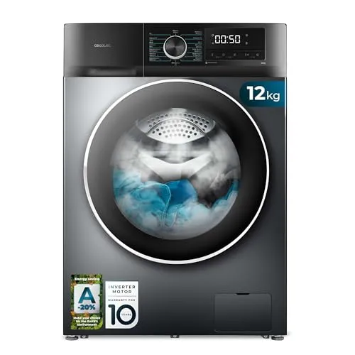 Cecotec Waschmaschine 12 kg Frontlader Bolero DressCode 12500 Inverter Steel A, 1400 U/min, Inverter Plus Motor, 16 Progr, SteamMax, Pearl Drum, Delay Start, Drum Clean, Display, Allergy Care, Stop&Go