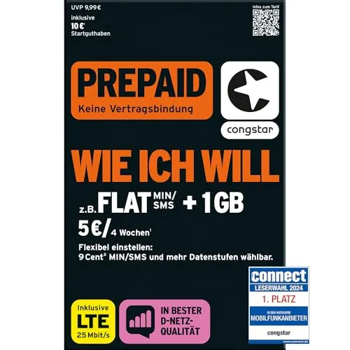 congstar Prepaid wie ich Will SIM-Karte ohne Vertrag I Prepaid-Guthaben Wunschmix in D-Netz-Qualität I frei wählen 1-15 GB & 9 Ct. pro Min/SMS – Flat I alle 4 Wochen neu Mixen I 10 EUR Startguthaben