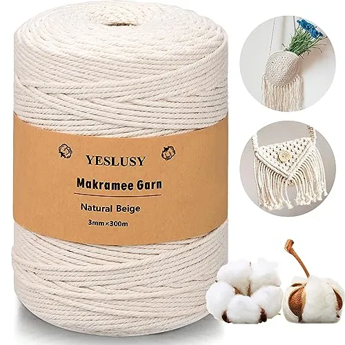 YESLUSY Premium Makramee Garn Natur - 3mm x 300m Baumwollgarn für DIY Handwerk, Weben & Hängepflanzen - Natürlich, Umweltfreundlich & Langlebig