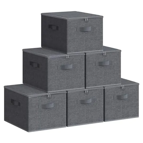 SONGMICS Aufbewahrungsbox mit Deckel, faltbare Stoffbox mit Griffen, Aufbewahrung für Kleidung, Vliesstoff, 6er Set, 40 x 30 x 25 cm, schiefergrau RZB003G02