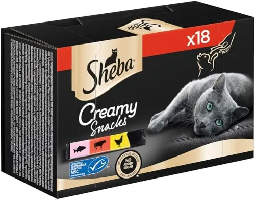SHEBA Katzensnacks - 18x12g - 18 praktische Katzenleckerlis - in den Varietäten Huhn, Lachs und Rind - 1 Packung