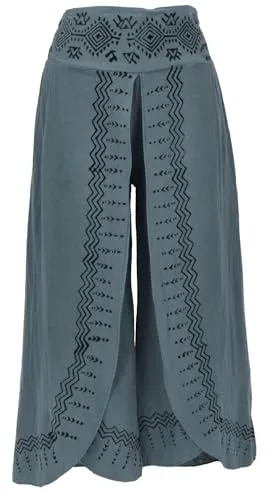 GURU SHOP Palazzohose, Bedruckte Boho Schlaghose für Damen, Taubengrau, Size:S - Leichte, schwingende Sommerhose mit elastischem Bund und einzigartigem Handdruck. Ideal für Strand, Bummeln oder Yoga – vereint Stil und Komfort.