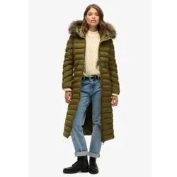 Superdry W5011790A Lange Jacke mit Kapuze aus Kunstfell Fuji grün (XS) - Modische lange Kapuzenjacke aus recyceltem Polyester, ideal für den lässigen Look. Mit abnehmbarem Kunstpelzbesatz, zwei praktischen Reißverschlusstaschen und elastischen Manschetten bleibt sie stylish und funktional.