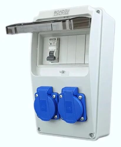 oadEu Stromverteiler 230V - 2x Schuko Steckdose mit Schalter - Hochwertiger Steckdosenverteiler IP54 für Innen- und Außenbereich, ideal für Baustellen. Mit Leistungsschalter C 16A und einfacher Wandmontage für flexiblen Einsatz.