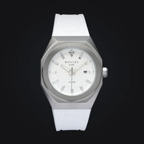 NOSTAS MONARCHIA Armbanduhr 40St. - Stylische Herren-Armbanduhr mit elegantem Edelstahlgehäuse und weißem Zifferblatt. Das robuste Gummiarmband sorgt für hohen Tragekomfort – ideal für den täglichen Einsatz.