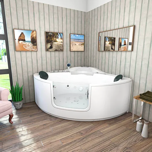 Whirlpool Pool Badewanne W60H 140x140cm mit Tür - Eckwanne für 2 Personen, ausgestattet mit leistungsstarken Pumpen, Heizung und 14 Massagedüsen. Genießen Sie entspannende Wasserfälle und farbenfrohe Unterwasserbeleuchtung in Ihrem eigenen Wellnessbereich.