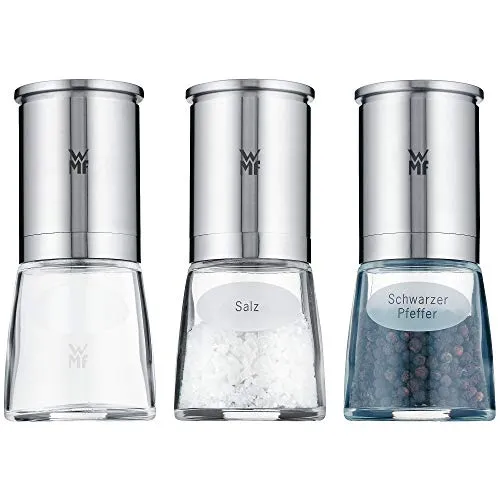 WMF De Luxe Salz und Pfeffermühle Set 3-teilig - Cromargan Edelstahl, inklusive befüllter Salz- und Pfeffermühle, stufenlos einstellbares Keramikmahlwerk für perfekte Gewürzverarbeitung