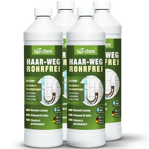 bio-chem Abflussreiniger EXTRA STARK 4x 1 L - Rohrreiniger, chlorfrei und geruchsneutral – entfernt zuverlässig Haare und Fette, ideal für bis zu 20 Anwendungen pro Flasche.