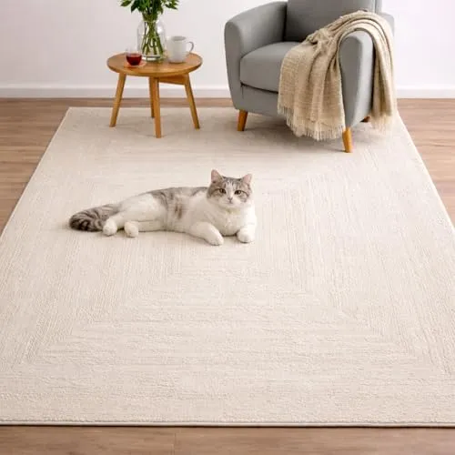 VIMODA Teppich Modern Hoch&Tief Bordüre 80x150 cm - Creme - Teppich für Wohnzimmer und Schlafzimmer, mit beeindruckendem Hoch-Tief-Effekt 3D für eine stilvolle Atmosphäre. Pflegeleicht und robust, ideal auch für Fußbodenheizung.