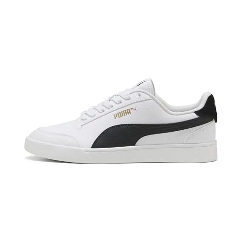 PUMA Unisex Puma Shuffle Sneaker, Puma White-Puma Black-Puma Team Gold, 36 EU - Herren-Sneaker mit flachem Gummi-Verschluss und stylischem Design für perfekten Tragekomfort im Alltag.