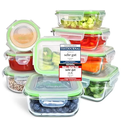 Fresh Master Frischhaltedose 18 tlg. - Auslaufsicher und luftdicht - Frischhaltedosen aus Borosilicatglas, 100% auslaufsicher und luftdicht mit 4-fach-Silikondichtung, ideal für Mikrowelle, Backofen und Gefrierschrank.