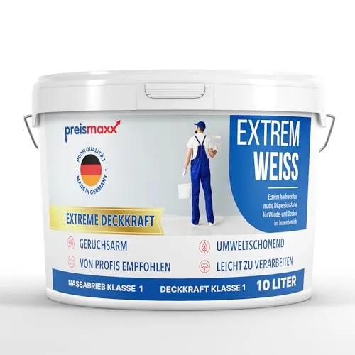 Preismaxx Wandfarbe weiß 10l Extrem Weiss Innenfarbe sehr hohe Deckkraft Klasse 1 - Nassabriebklasse 1 matt Ausbesserungsfarbe 10 L