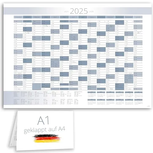 XXL Jahreskalender 2025 + Januar 2026 Jahresplaner in A1 im schlichtem blau weißen Design mit Ferien und Feiertagen Wandkalender Wandplaner Kalender Planer gefaltet gefalzt