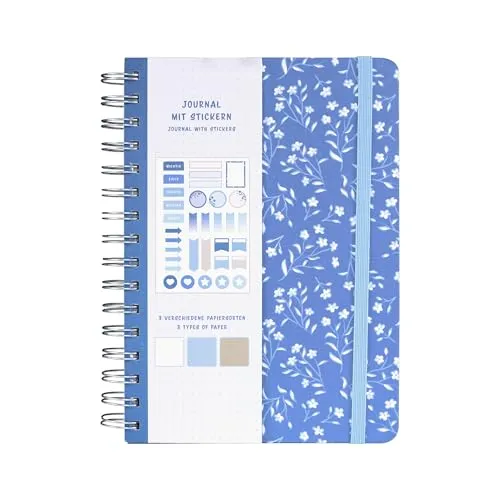 Idena 11366 - Notizbuch A5 mit 66 Stickern, Blau, Journal mit 78 Seiten, 120 g/m², 3 verschiedene Papiersorten, gepunktet, mit Innentasche und Gummiband, FSC-Mix