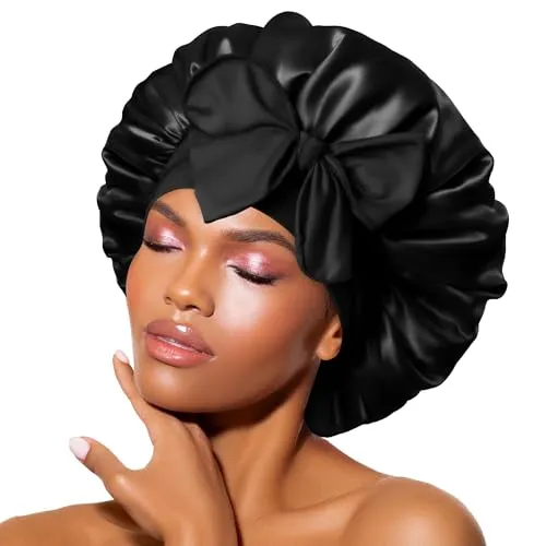 BONNET QUEEN Seidenhaube zum Schlafen, Satin Schlafhaube für Damen & Herren, Bonnet für Lockiges, Glattes Haar, Seidenhaube mit Breitem Elastikband, Motorhaube für Nacht & Alltag, Schwarz