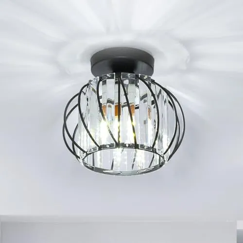 Goeco Deckenleuchte Kristall Schwarz, E27 Moderne Deckenlampe, Vintage Industrie Kronleuchter mit Käfig-förmigen Lampenschirm für Eingang Flur Schlafzimmer Wohnzimmer