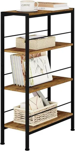 Woltu Küchenregal, 4-Ebenen Standregal in Schwarz und Vintage-Braun - Schmaler und stabiler 4-Ebenen Regal für Küche oder Wohnzimmer, mit verstellbaren Fußpads und Anti-Kipp-Gurten für zusätzliche Sicherheit.