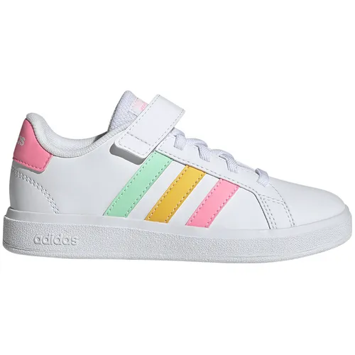 adidas Grand Court 2.0 Kinder Sneaker - ftwr white/pulse mint/beam pink - Freizeitschuhe für Kinder mit elastischen Schnürsenkeln und Klettverschluss für einfaches An- und Ausziehen. Hergestellt aus mindestens 50 % recycelten Materialien, ideal für junge Sneakerheads.