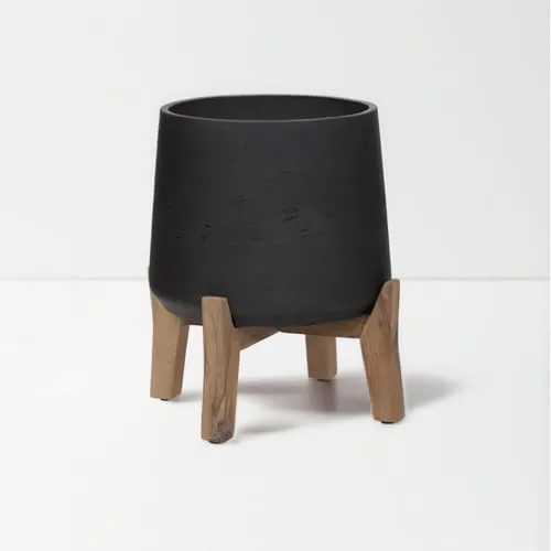 Finestgreen Patt Feet Low | Handgefertigtes Pflanzgefäß auf Holzfüßen (XL Ø:28 H:29 cm, Schwarz) - Elegantes Pflanzgefäß auf stabilen Holzfüßen, ideal für kreative Gestaltung. Maße: Ø 28 cm, Höhe 29 cm. Verleiht jedem Raum eine stilvolle Note.
