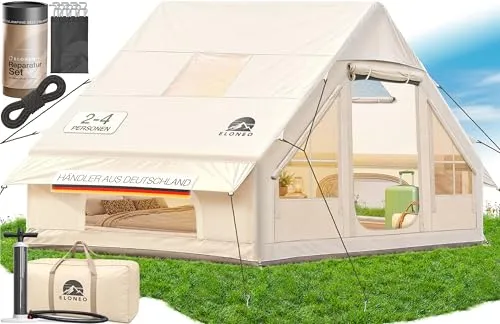 ELONEO aufblasbares Zelt für 2/4/6/8 Personen mit Dachfenster & Luftpumpe, Premium Glamping Zelt wasserdicht, Luftzelt, Inflatable Tent, Camping Zelt, Creme