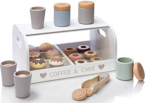MUSTERKIND® Kaufladensortiment Coffe & Cake Box, Vanilla bunt - Spielmöbel für kreative Rollenspiele, inklusive 3 Kaffeebecher, 3 Keksdosen und 21 süßen Leckereien aus hochwertigem Holz - ideal für Kinder ab 3 Jahren.
