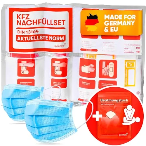 PURAHELP® KFZ Erste Hilfe Nachfüllset inkl. Beatmungstuch [DIN 13164] - Nachfüllset für Auto Verbandkasten 2026 Konform - Set zum Auffüllen der Verbandstasche für PKW - Car First Aid Kit Nachfüllung