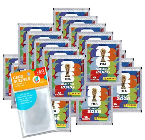 Panini Sammelkarte World Cup 2026 - 25 Tüten + Exklusive Hüllen - Entdecken Sie die offizielle Panini FIFA World Cup 2026 Kollektion mit 25 Tüten à 7 Stickern. Inklusive 40 exklusiven Hüllen zur sicheren Aufbewahrung. Perfekt für Sammler und Fußballfans!