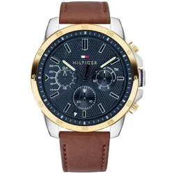 Tommy Hilfiger Herren Multifunktionale Quarz-Uhr 48 mm - Armbanduhren für Herren mit halbglänzendem blauem Zifferblatt und hellbraunem Lederarmband. Wasserdicht bis 5 ATM und mit drei Unterzifferblättern für optimale Funktionalität.