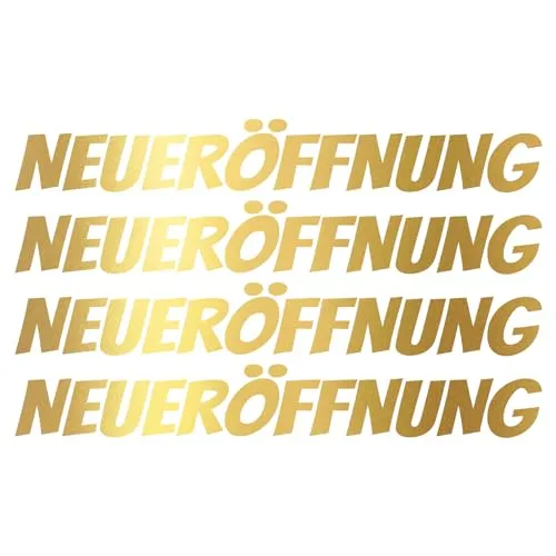 Finest Folia 4X Neueröffnung Schriftzug Set Aufkleber für Schaufenster Laden Geschäft Fenster Sticker Werbung selbstklebend wetterfest KX046 (Motiv 04, Gold Metallic)