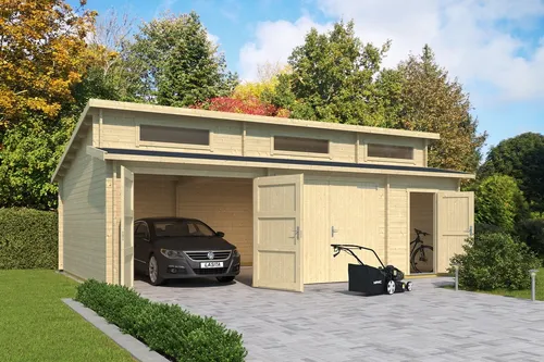 Garage Stufendach 44 mm Hawaii mit Holztor 820x520 cm - Geräumige Garage mit abschließbarem Holztor und 39,4 m² Nutzfläche, ideal für Fahrzeuge und Geräte. Hergestellt aus robustem Holz, bietet sie eine langlebige Lösung für Ihren Garten.