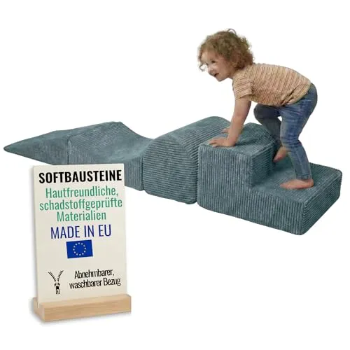 Pillows24 – Schaumstoff Bausteine Kinder aus Cord | 4-teiliges Set für kreatives Spielen - 4-teiliges Kletterblock Set aus formstabilem Schaumstoff, ideal für kreative Spielideen und Bewegung. Hygienischer, waschbarer Bezug aus weichem Cord für sicheres Spielen.