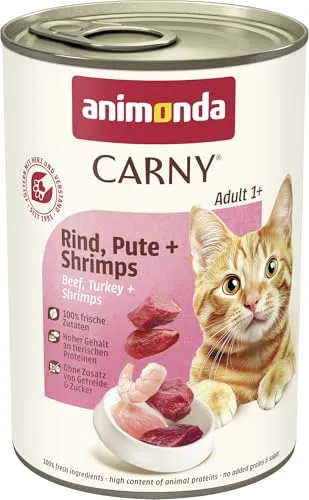 animonda Carny Katzen Nassfutter Rind + Pute + Shrimps (6 x 400g), getreidefreies Katzen Nassfutter ohne Zucker, mit frischen fleischigen Zutaten