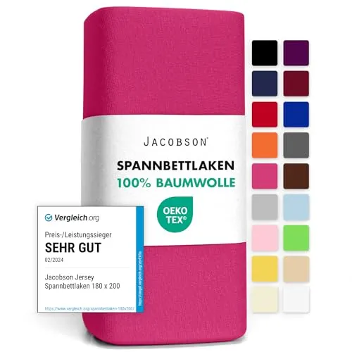 Jacobson Jersey Spannbettlaken Spannbetttuch Baumwolle Bettlaken (180x200-200x200 cm, Pink)