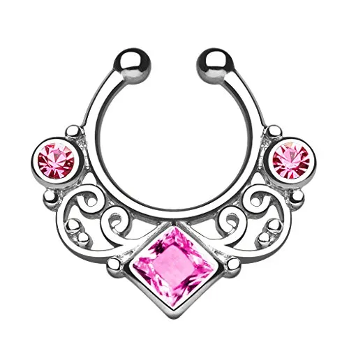 Piercingfaktor® Fake Piercing Universal Ring Septum Vintage Tribal mit Zirkonia Kristallen Nasen Lippen Helix Ohr Intim Tragus Nippel Hufeisen Horseshoe Silber Pink