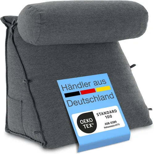 ELONEO Rückenkissen mit Nackenrolle für Bett & Sofa - 55x50x30cm - Stuhlkissen für optimale Rückenstütze beim Lesen und Entspannen. Mit abnehmbarer Nackenrolle in verschiedenen Höhen und praktischem Seitenfach für Utensilien.