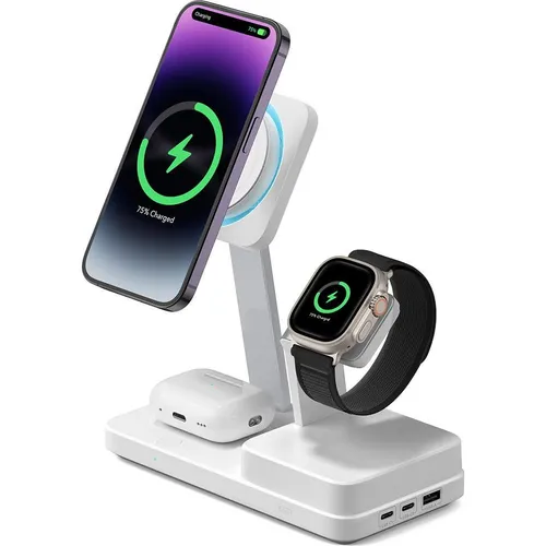 ESR 100W 6 in 1 GaN Ladestation mit CryoBoost, kompatibel mit MagSafe Ladeständer, magnetisches kabelloses Ladegerät für iPhone 16/15/14/13, Apple Watch, AirPods 4/3/2/Pro, und USB-C/A-Geräte, Weiß