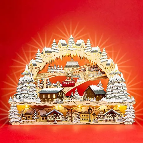 SIKORA LB45 XXL LED Holz Schwibbogen Skihütte - Weihnachtlicher Zierschmuck mit handbemaltem Hintergrund, LED-Technologie und traumhafter Alpen-Szene, inklusive Transformator für einfachen Anschluss.