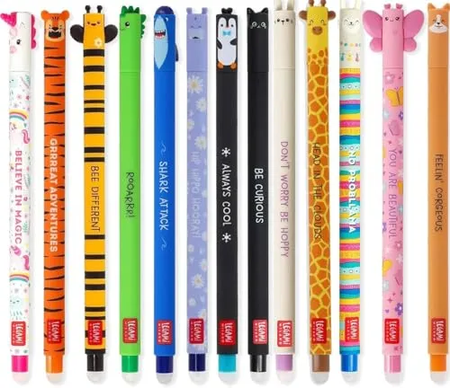 Legami Gelschreiber Set mit 13 radierbaren Gelstiften - Set mit 13 löschbaren Gelstiften in bunten Designs. Dank thermoempfindlicher Tinte kannst du Fehler jederzeit korrigieren, ohne Papier zu verschwenden. Ideal für kreative Köpfe!