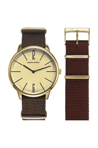 Pierre Cardin La Gloire Quarzuhr - PC106991F14 - Armbanduhr von Pierre Cardin mit elegantem goldfarbenen Zifferblatt und robustem Edelstahlgehäuse. Das Wechselband aus Nylon in Braun bietet vielseitige Trageoptionen.