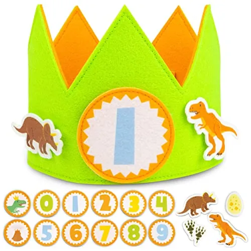 BONNYCO Geburtstagskrone Junge Dino, Auswechselbare Zahlen von 0 bis 9 und Thematische Figuren. 1. Geburtstag Junge Krone, Dino Geburtstag Deko. Dinosaurier Geburtstagsdeko, Geschenke für Kinder