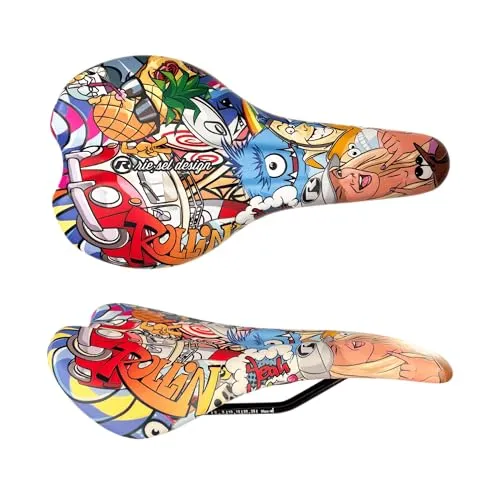 Riesel Design - Fahrradsattel, Cartoon-Comic-Stil, Buntes Graffiti-Kunstmotiv, Sportlicher Radsitz (stickerbomb)